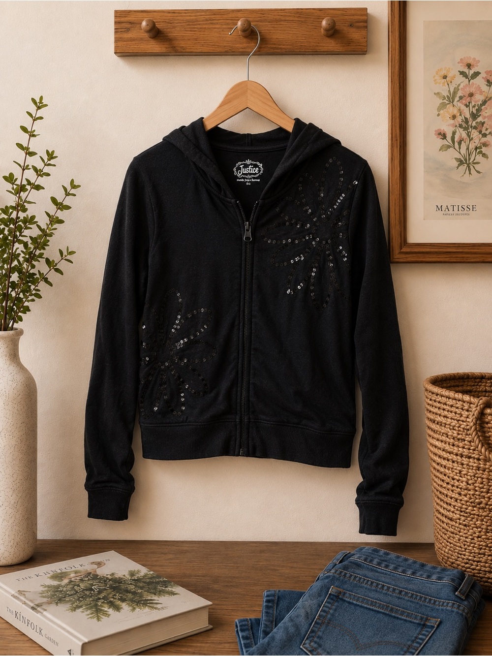Justice Black Sequin Floral Zip Hoodie